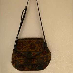 Liz Claiborne VintageBrown Multicolor Floral Tapestry Crossbody Genuine Leather